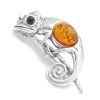 Silver Chameleon Lizard Brooch with Amber