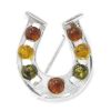 Silver Horseshoe Brooch with Amber Multi