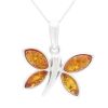 Silver Butterfly Pendant Necklace with Amber