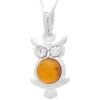Sterling Silver Owl Pendant with Amber and CZ