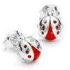 Silver Ladybug Earrings with Coral