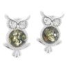 Sterling Silver Owl Stud Earrings with Green Amber
