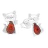 Cat Motif Silver Stud Earrings with Amber