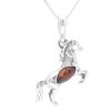 Silver Horse Pendant Necklace with Amber