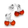 Silver Cherries Stud Earrings with Amber